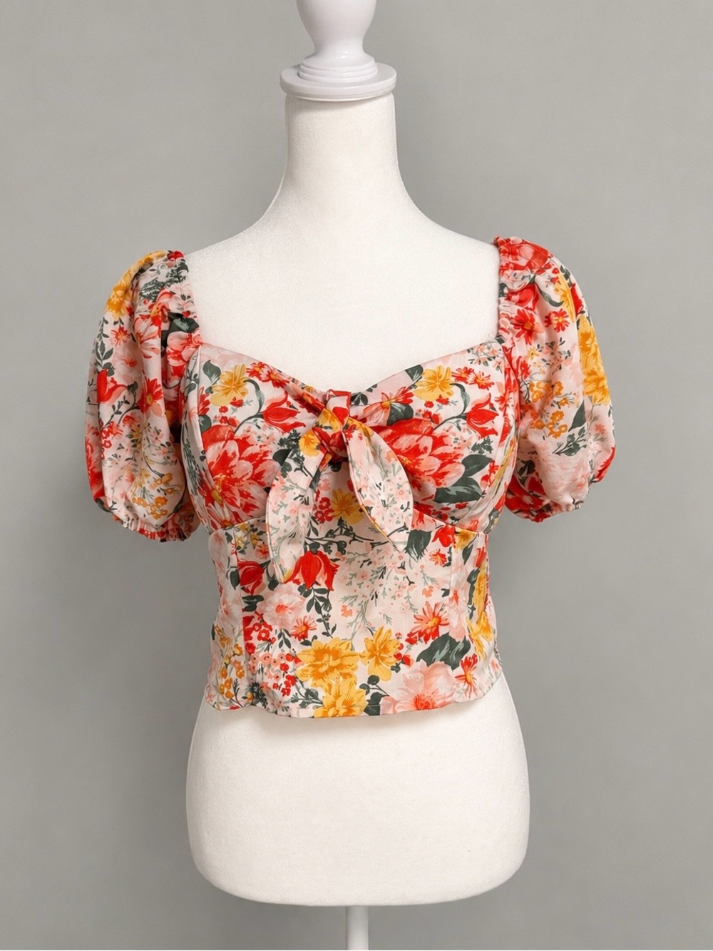 Love & Piece Floral Puff Sleeve Padded Crop Top Pink Yellow Tie Front Size M